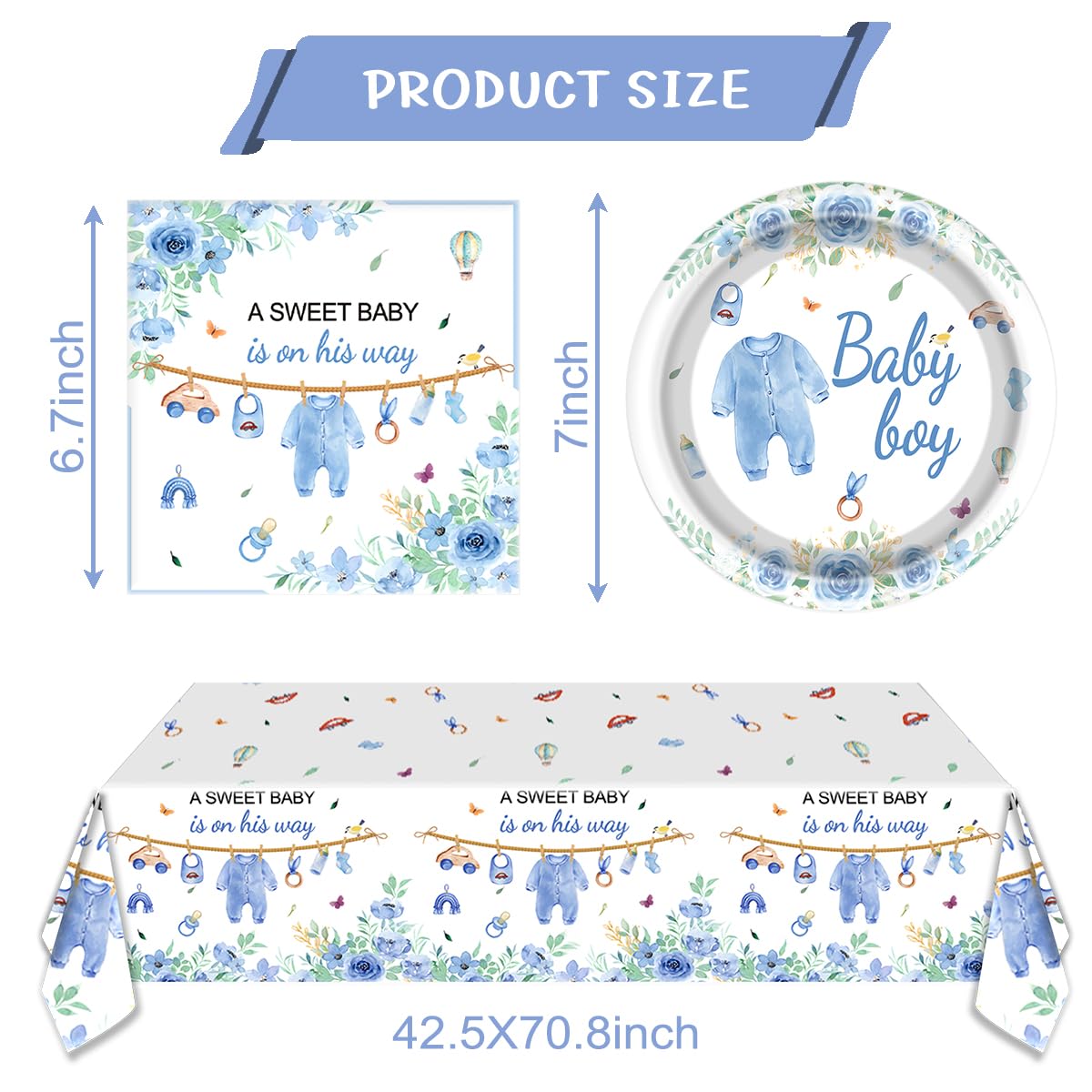 Blue Baby Boy Shower Birthday Tableware Set, 20 Disposable Plates and 20Napkins 1pcs Tablecloth, for Baby Boy Baby Shower Decorations (Blue)