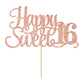 Rose Gold Glitter Happy Sweet 16 Cake Topper - Happy 16th Birthday Cake Decor - Hello 16, Cheers to 16 Years Birthday Party Decoration Supplies