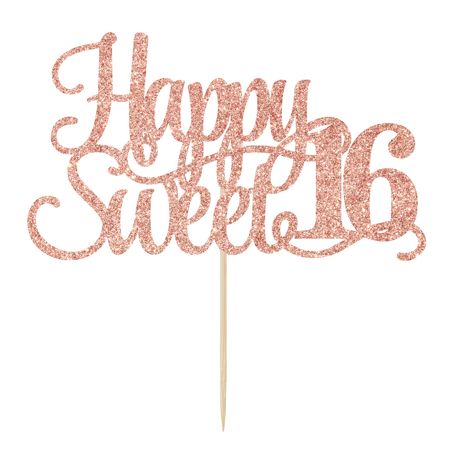 Rose Gold Glitter Happy Sweet 16 Cake Topper - Happy 16th Birthday Cake Decor - Hello 16, Cheers to 16 Years Birthday Party Decoration Supplies