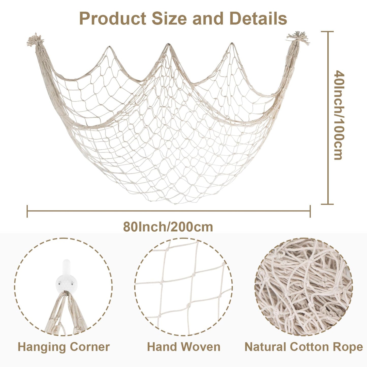 80x40 Inch Fishing Net Decor, 3mm Beige Natural Cotton Large Decorative Fish Netting Table Runner, Wall Ceiling Halloween Party Decorations for Pirate