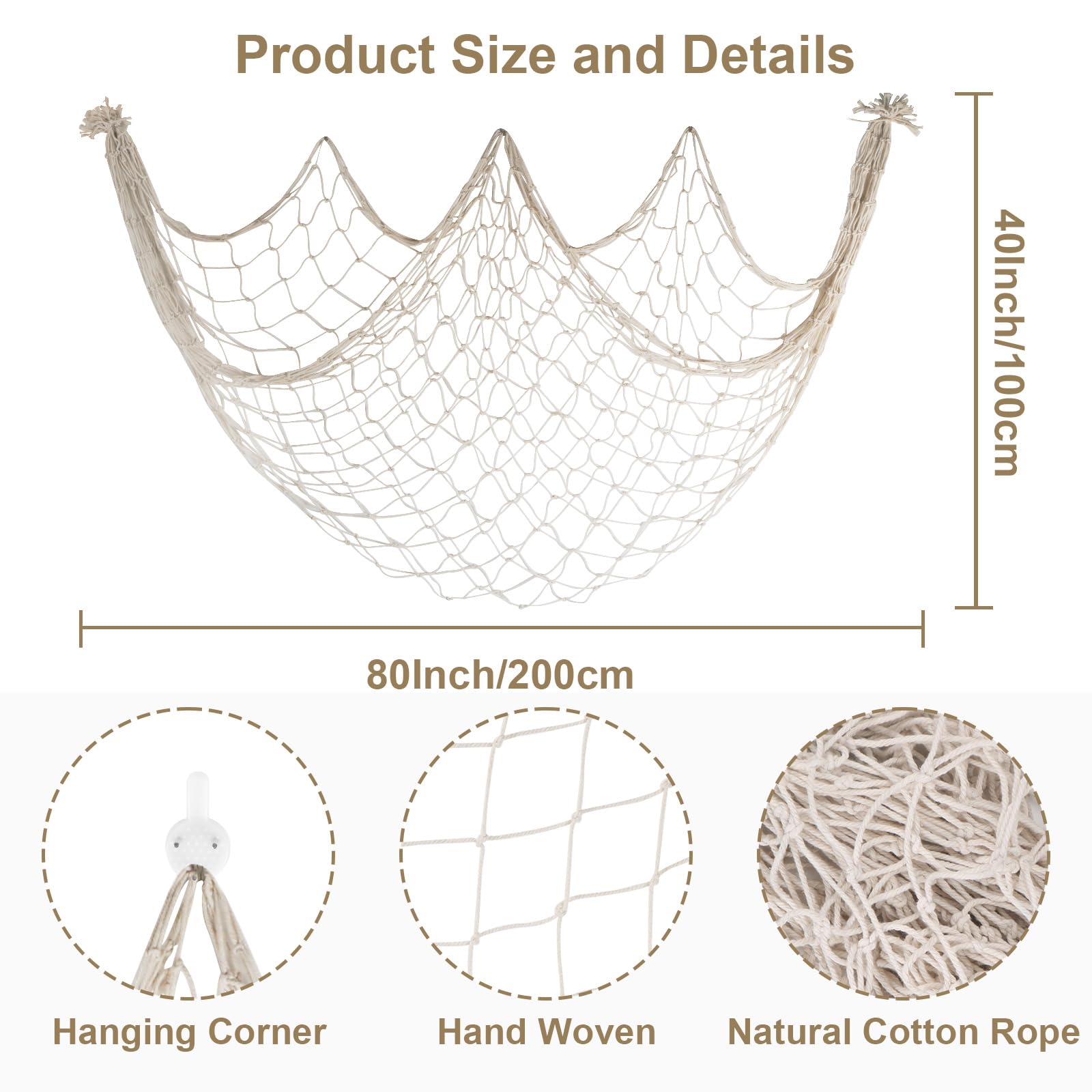 80x40 Inch Fishing Net Decor, 3mm Beige Natural Cotton Large Decorative Fish Netting Table Runner, Wall Ceiling Halloween Party Decorations for Pirate