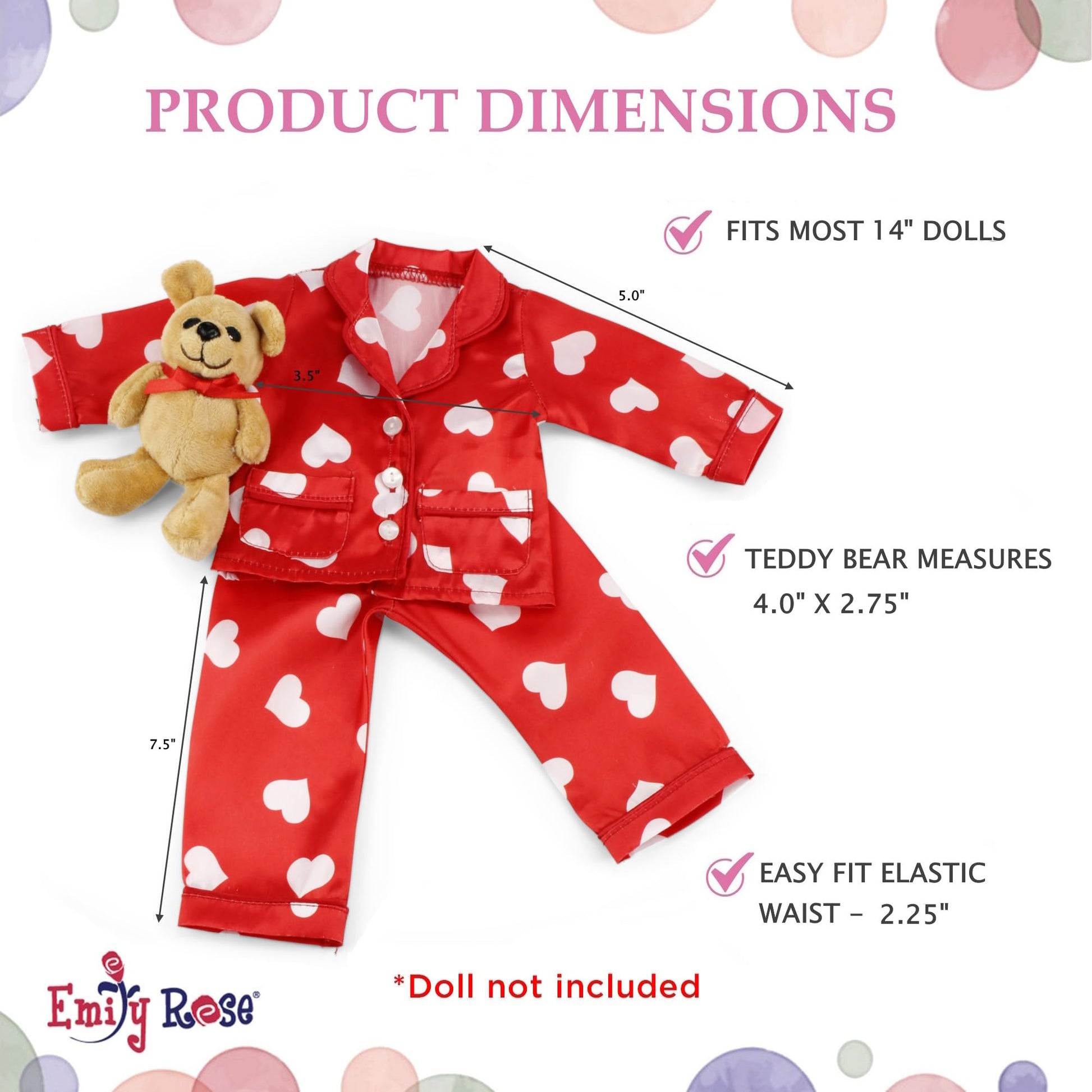 Emily Rose 14 Inch Doll Silky Red & White Heart Set Gift Boxed | USA Brand 3-Piece Sleeping Outfit with Teddy Bear Companion | Encourages Creative