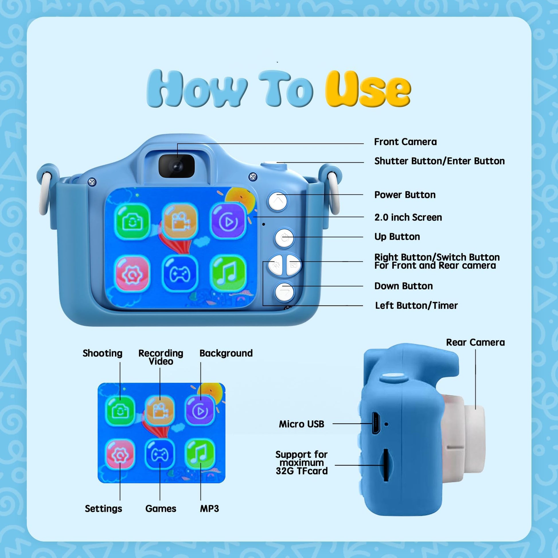 Kids Camera Toys Toddler Digital Camera for Boys Girls, Selfie 1080P HD Video Camera for 3 4 5 6 7 8 9 Year Old Boys Girls with 32GB TF Card,Kids