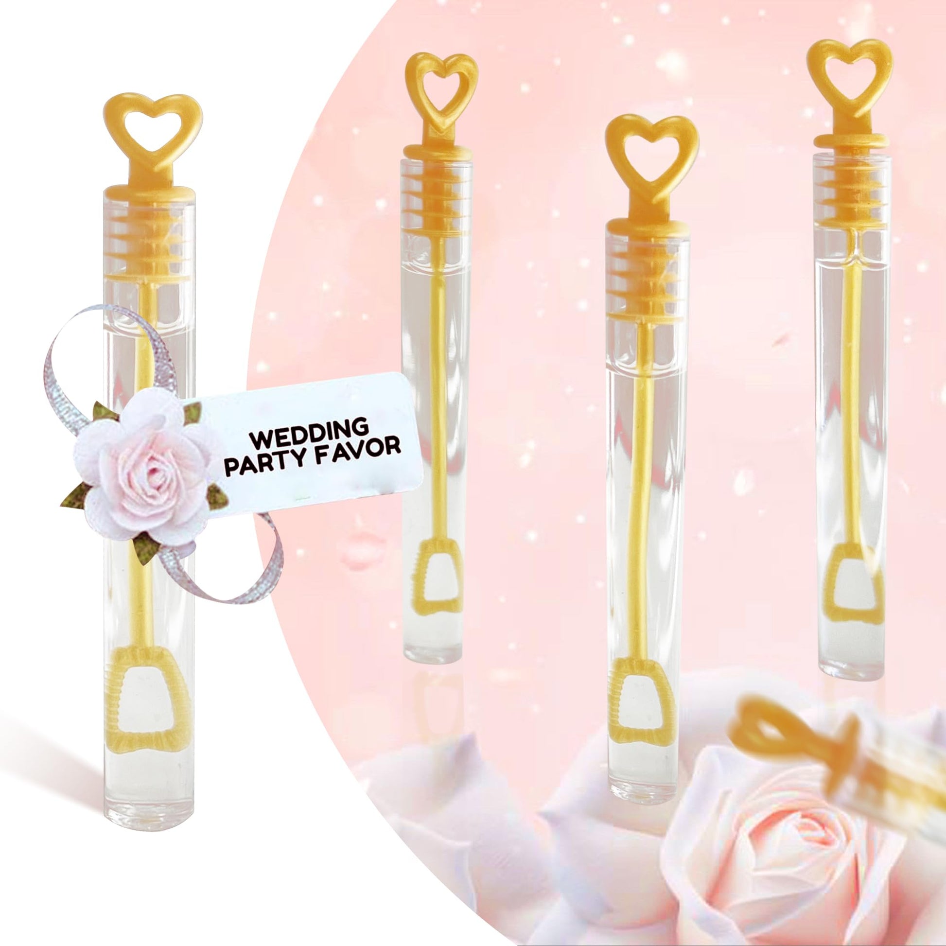 GIFTEXPRESS Bubble Wands Party Favors - 96 Pack Mini 4.25" Tall Gold Color Heart Bubble Sticks - 0.2 Fl Oz / 5 mL Tube of Non Toxic Bubbles Solution