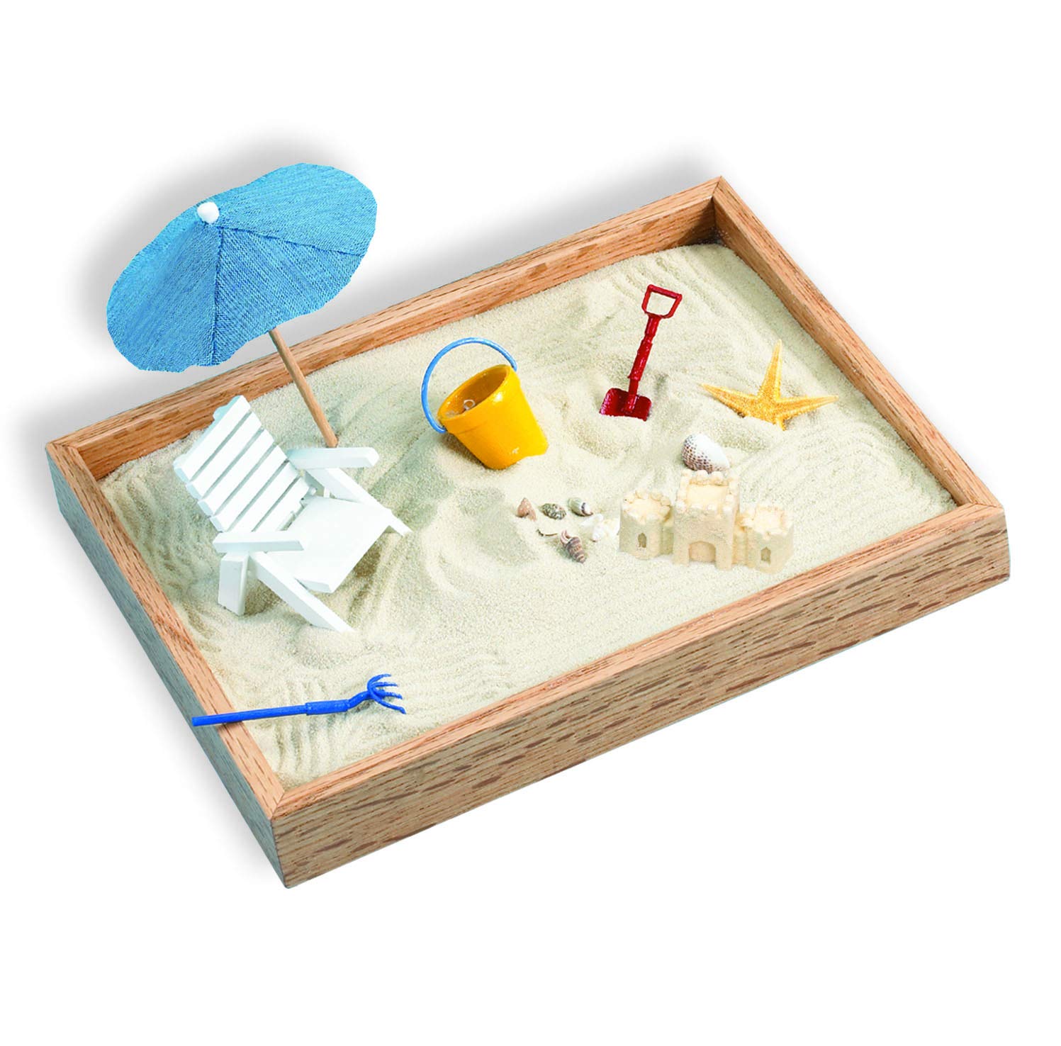 Executive Sandbox - Beach Themed Zen Garden - Desktop Stress Relieving Office Decor - Includes 8” x 10” Hardwood Sandbox, 8 Seaside Accessories,