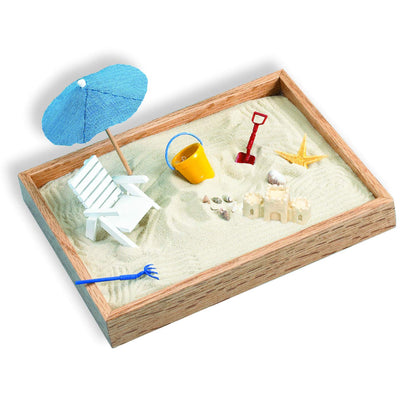 Executive Sandbox - Beach Themed Zen Garden - Desktop Stress Relieving Office Decor - Includes 8” x 10” Hardwood Sandbox, 8 Seaside Accessories,