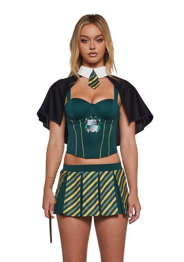 Dolls Kill Sly Wizard Costume by Trickz N’ Treatz - Women’s Corset Top with Striped Skirt, Cape Shrug & Wand, Green, XX-Large