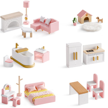 ROBOTIME Wooden Dollhouse Furniture Set, 28 PCS Miniature Dollhouse Furniture with 6 Room Kits, Dollhouse Accessories and Pretend Play Furniture, Gift