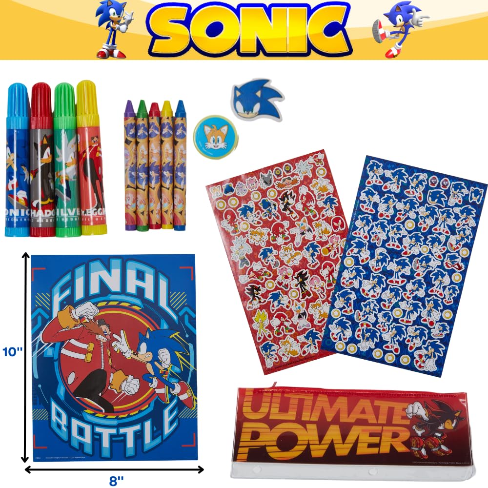 Sonic The Hedgehog Kids Coloring Art and Sticker Set, 30 Pcs. School & Craft Supplies with Pencil Case