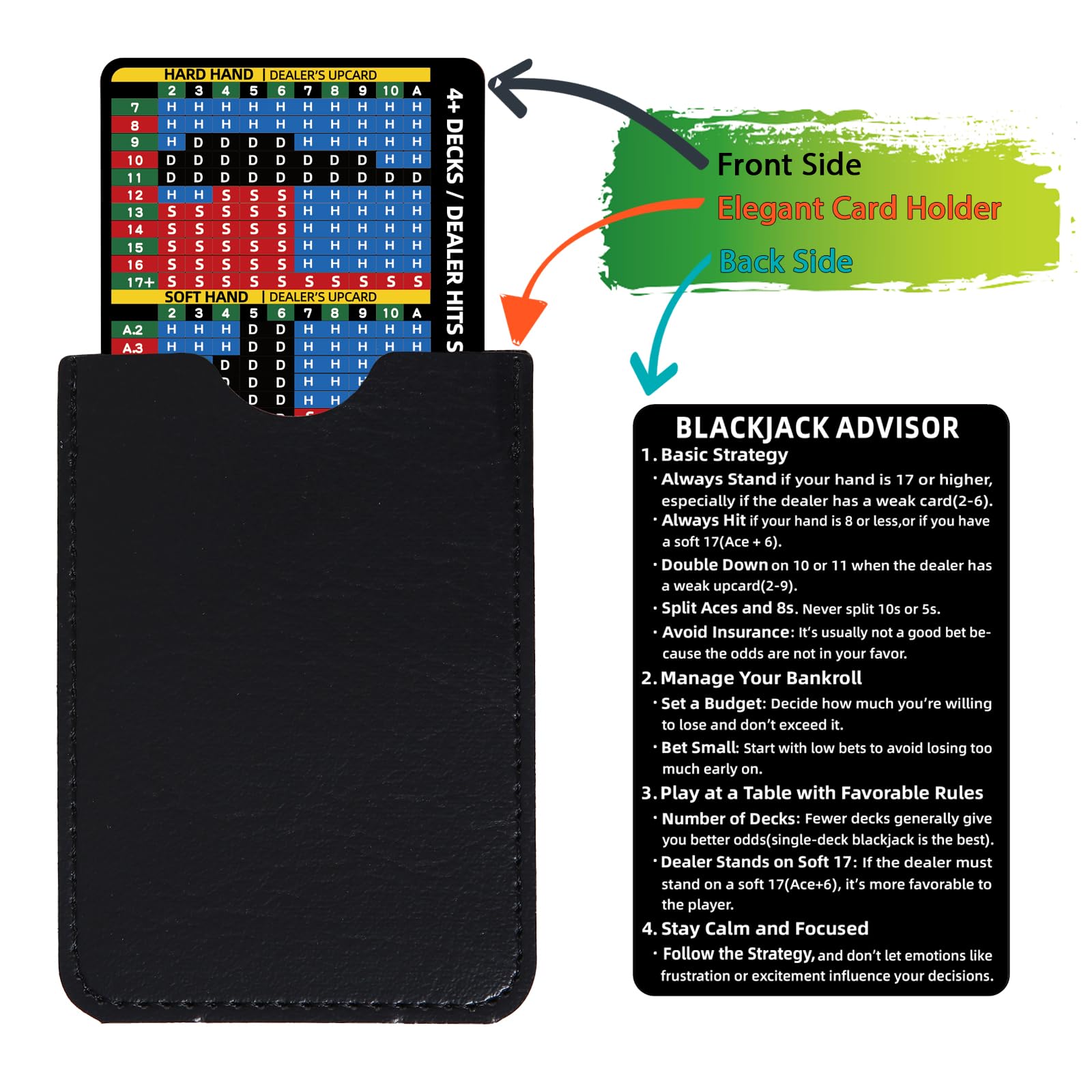 Gimao 2 PCS Metal Thick Blackjack Strategy Card with Leather Sleeve, Stainless Steel Blackjack Basic Chart Cards Wallet Size Book Allowed at Blackjack