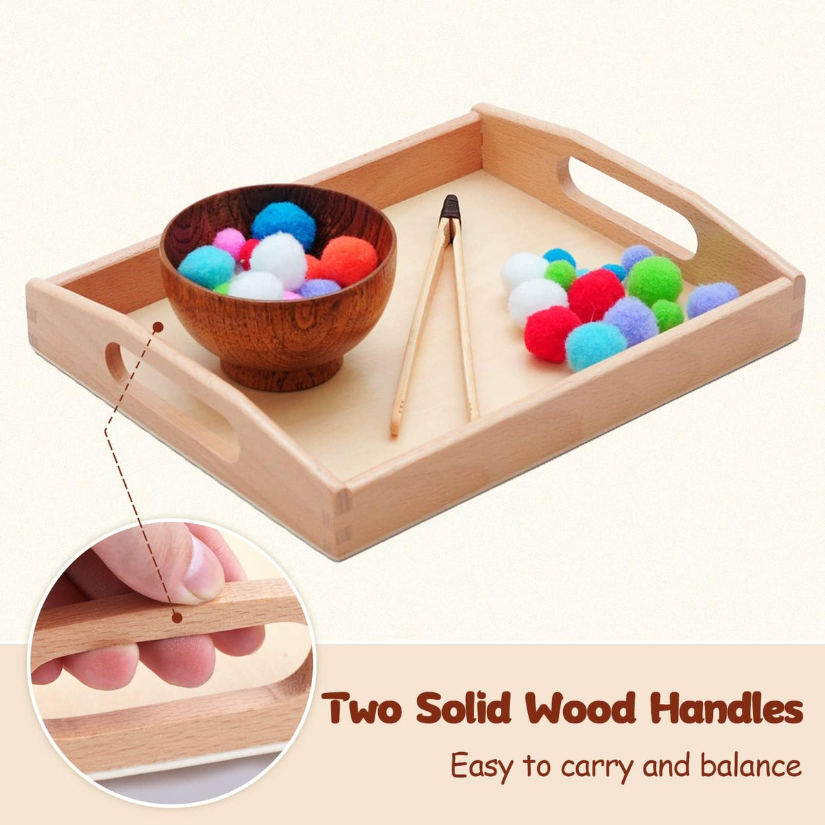 Montessori Wooden Trays with Handles, 3 Pack Small Medium Big Quality Wood Tray for Toddlers and Kids Montessori Activities, Trays to Store Toys