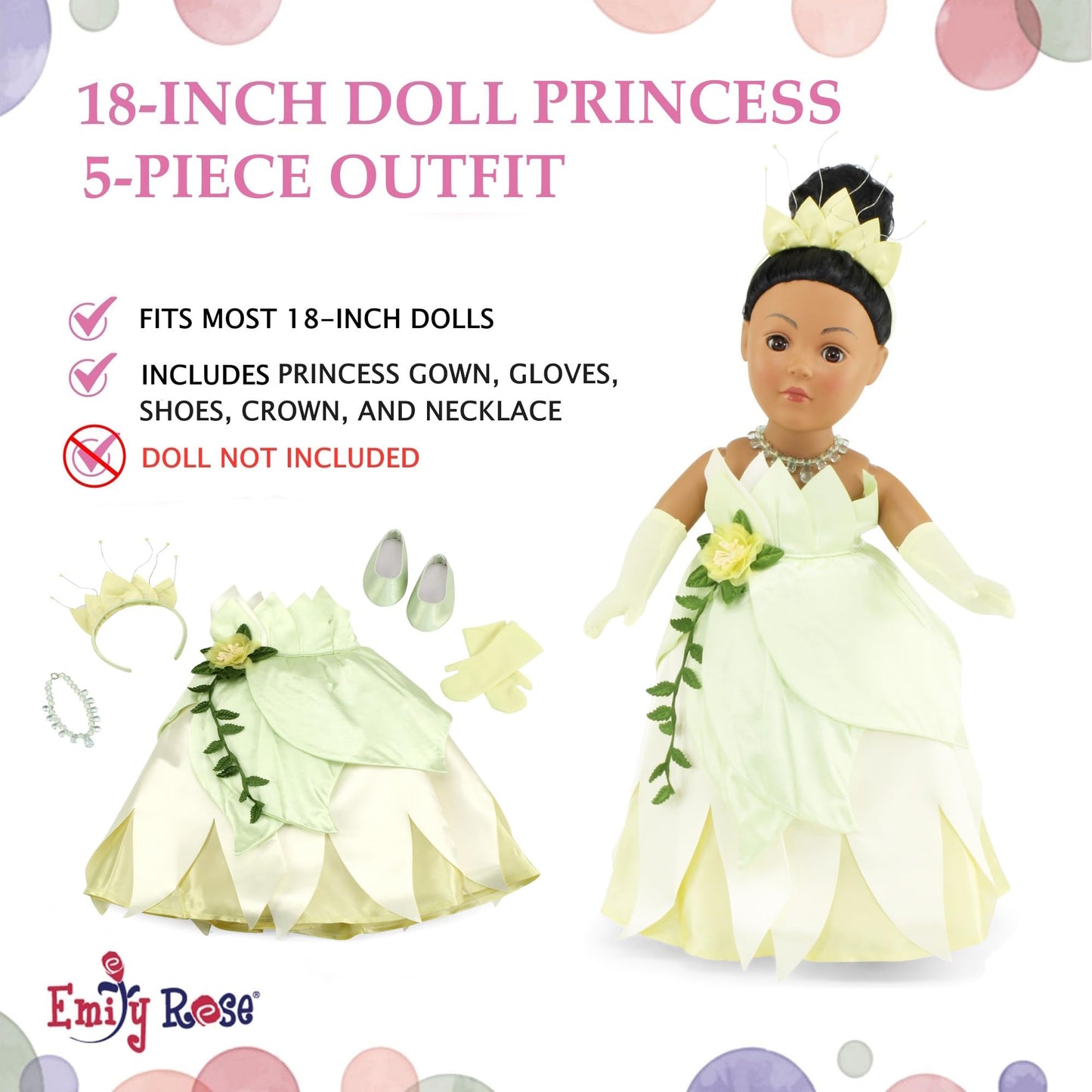 Emily Rose 18 Inch Doll Clothes 5-PC Princess Gown Halloween Costume Dress and Accessories Set with Crown, Necklace, Gloves and Matching Shoes | Doll