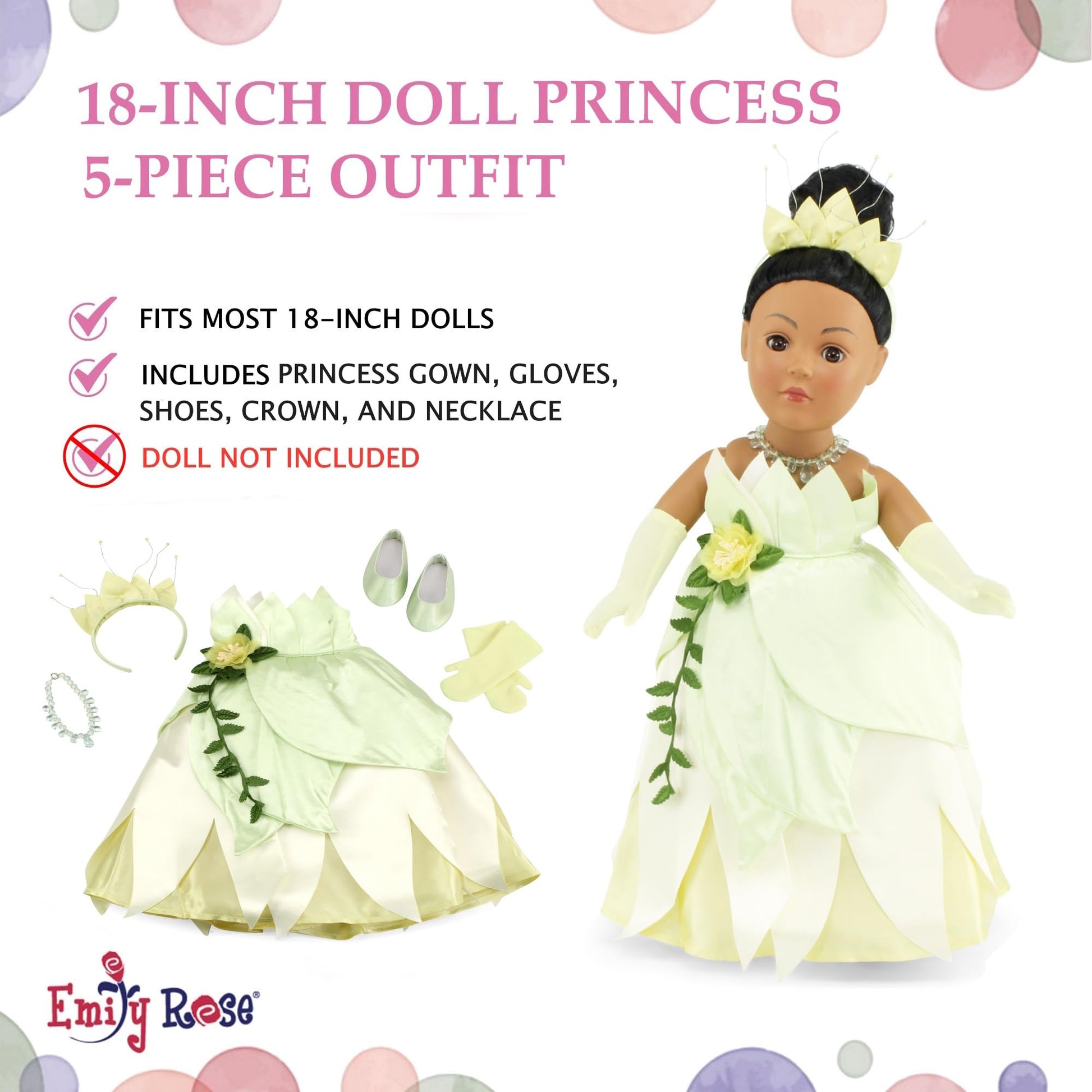 Emily Rose 18 Inch Doll Clothes 5-PC Princess Gown Halloween Costume Dress and Accessories Set with Crown, Necklace, Gloves and Matching Shoes | Doll