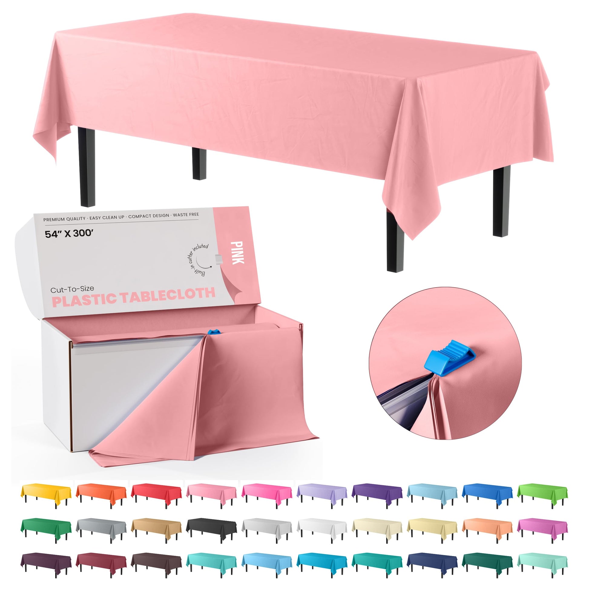 Exquisite Party Solids 54 Inch X 300 Feet Pink Plastic Table Cover Roll in A Cut - to - Size Box with Convenient Slide Cutter. Cuts Up to 36 Rectangle