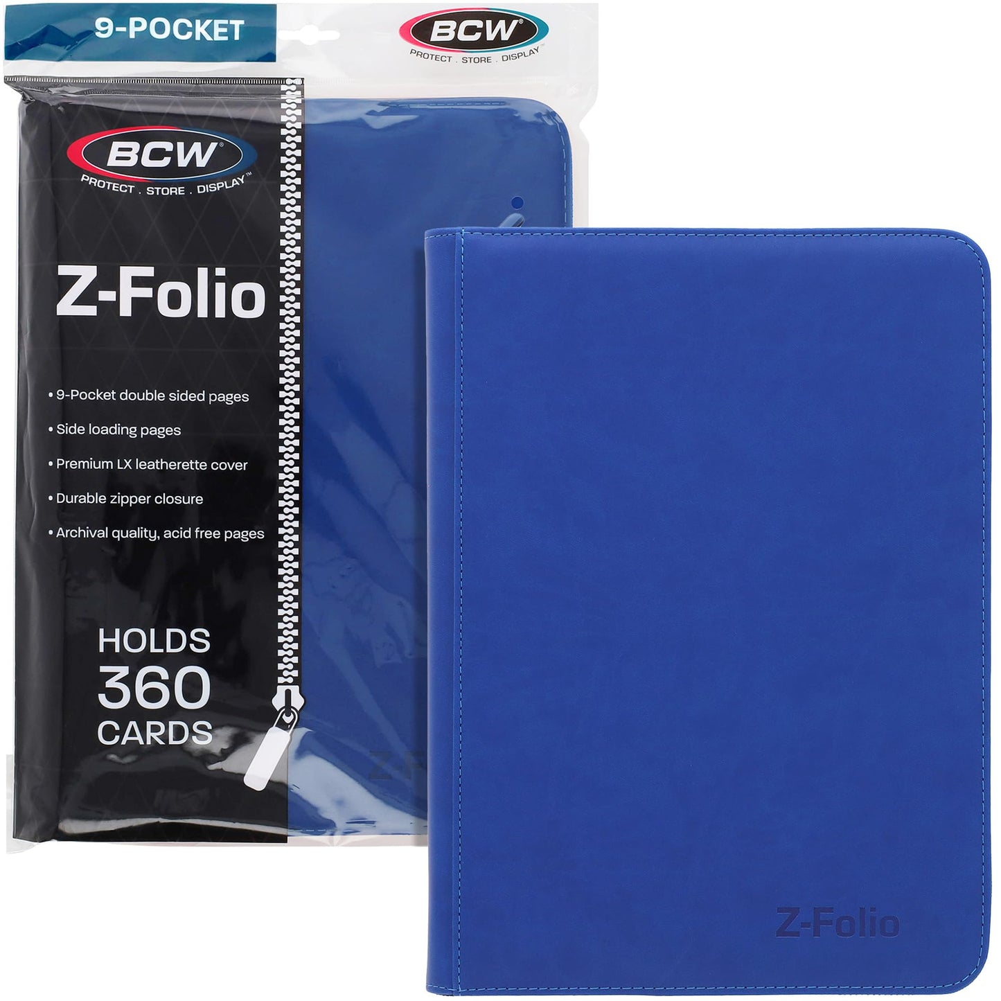 BCW Z-Folio 9-Pocket LX Album - Blue | Secure Zipper Card Organizer | Premium Leatherette Card Collection Binder | Trading Card Binder for Pokemon