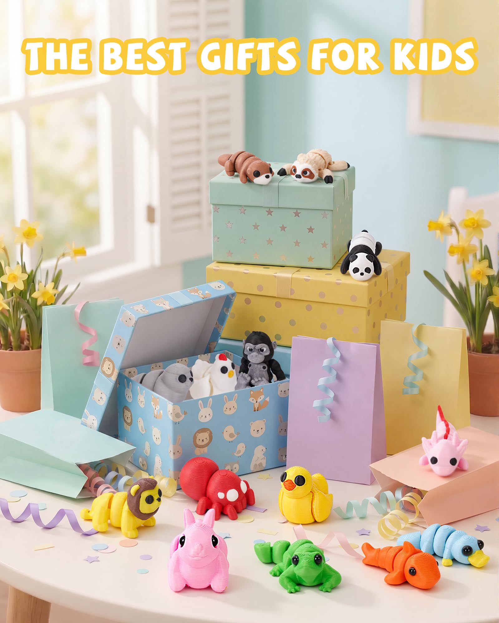 Aousin 36PCS Mini 3D Printed Animals Figurines Set, Adorable Articulated Flexible Desk Pets for Kids, Wild, Zoo & Sea Creatures, Valentines Day Gifts