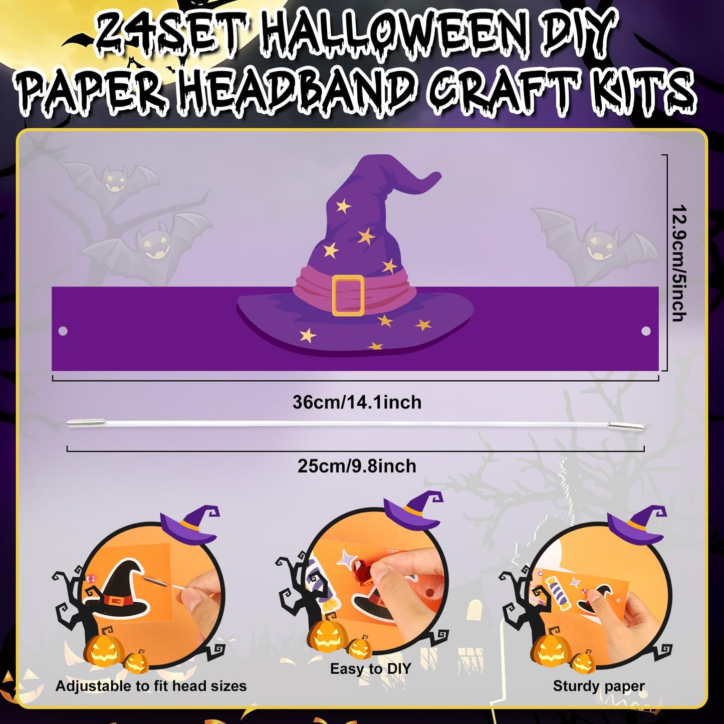 Sealmic 24 Set Halloween Crown Headband Paper Adjustable Hats with Elastic Bands with Themed Stickers Activities Party Favors Pumpkin Ghost Bat
