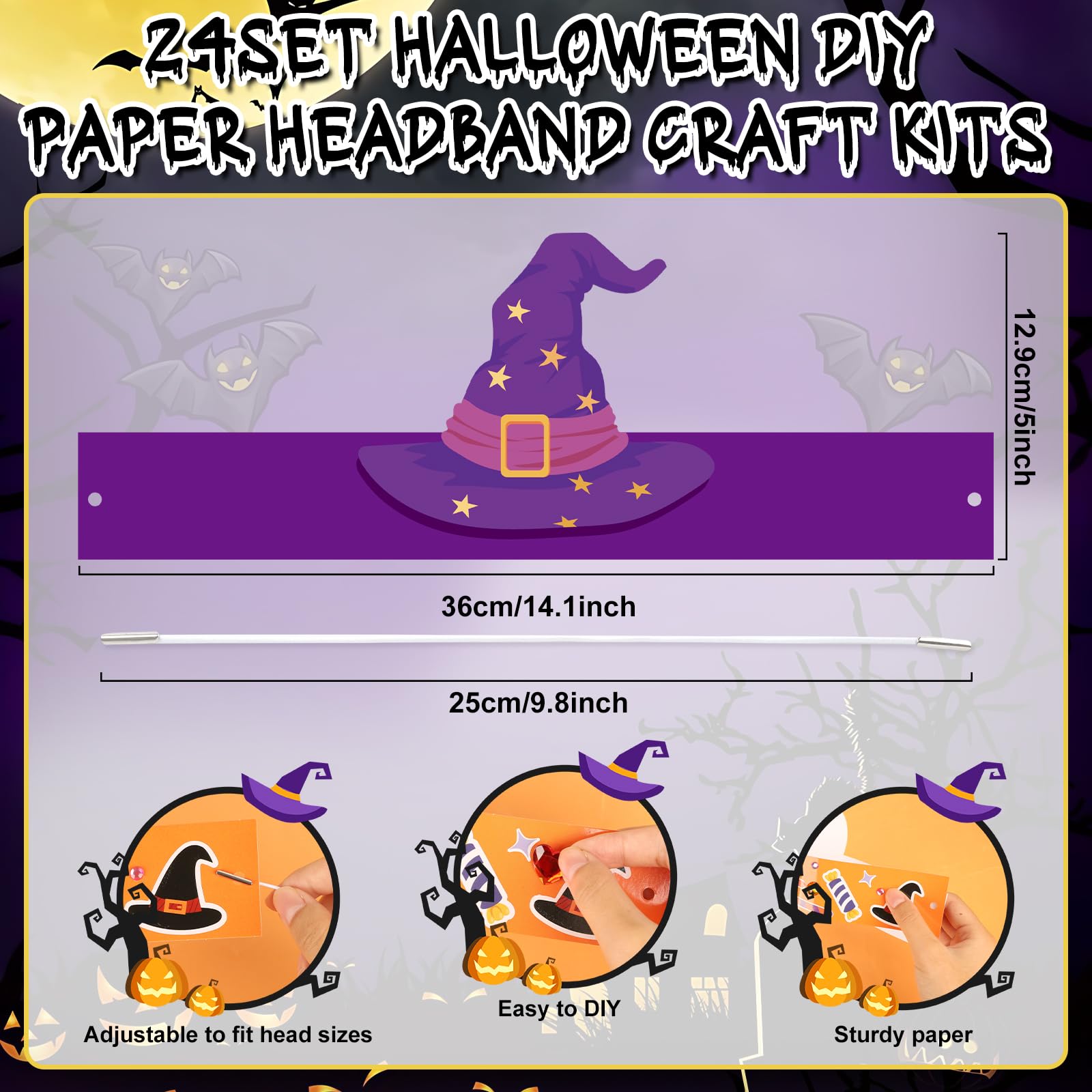 Sealmic 24 Set Halloween Crown Headband Paper Adjustable Hats with Elastic Bands with Themed Stickers Activities Party Favors Pumpkin Ghost Bat