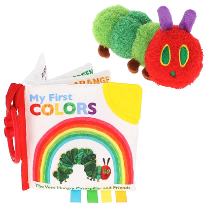 Eric Carle My First Colors Soft Book & 6" Plush Caterpillar Set - Sensory Toy with Crinkle and Teether - Ring for Car Seat and Stroller