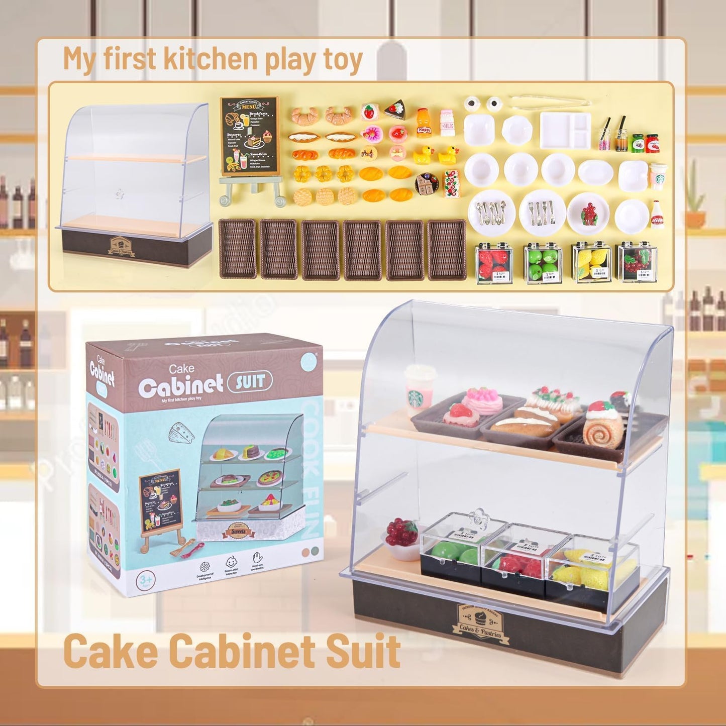 86 Pieces Miniature Bakery Case Cake Stand Display Cabinet with Food Set Mini Plastic Counter Dessert Donuts for 1:12 Doll House Store Scene