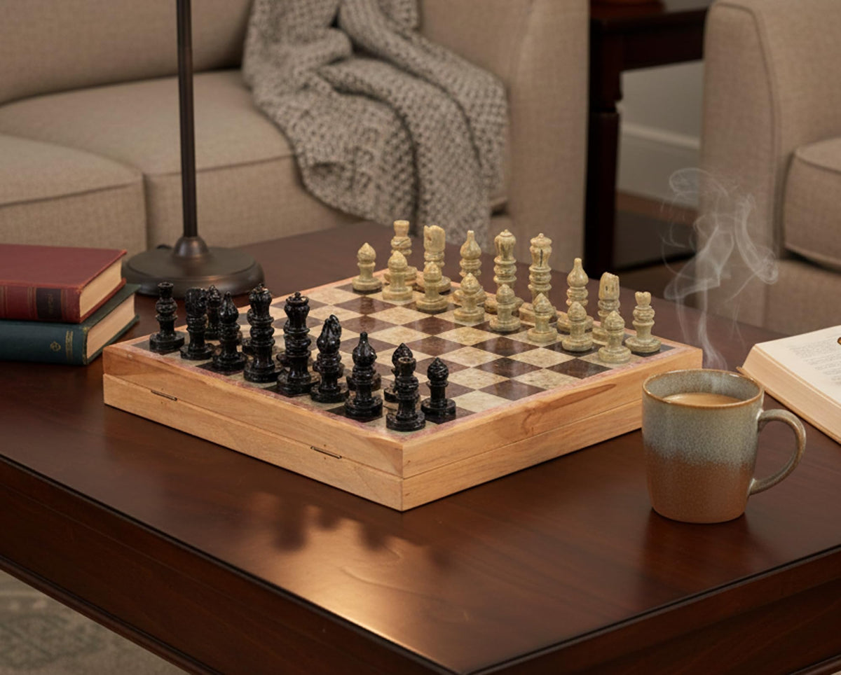 StonKraft - 10" X 10" Chess Board with Wooden Base & Stone Inlaid & Stone Pieces Game Set