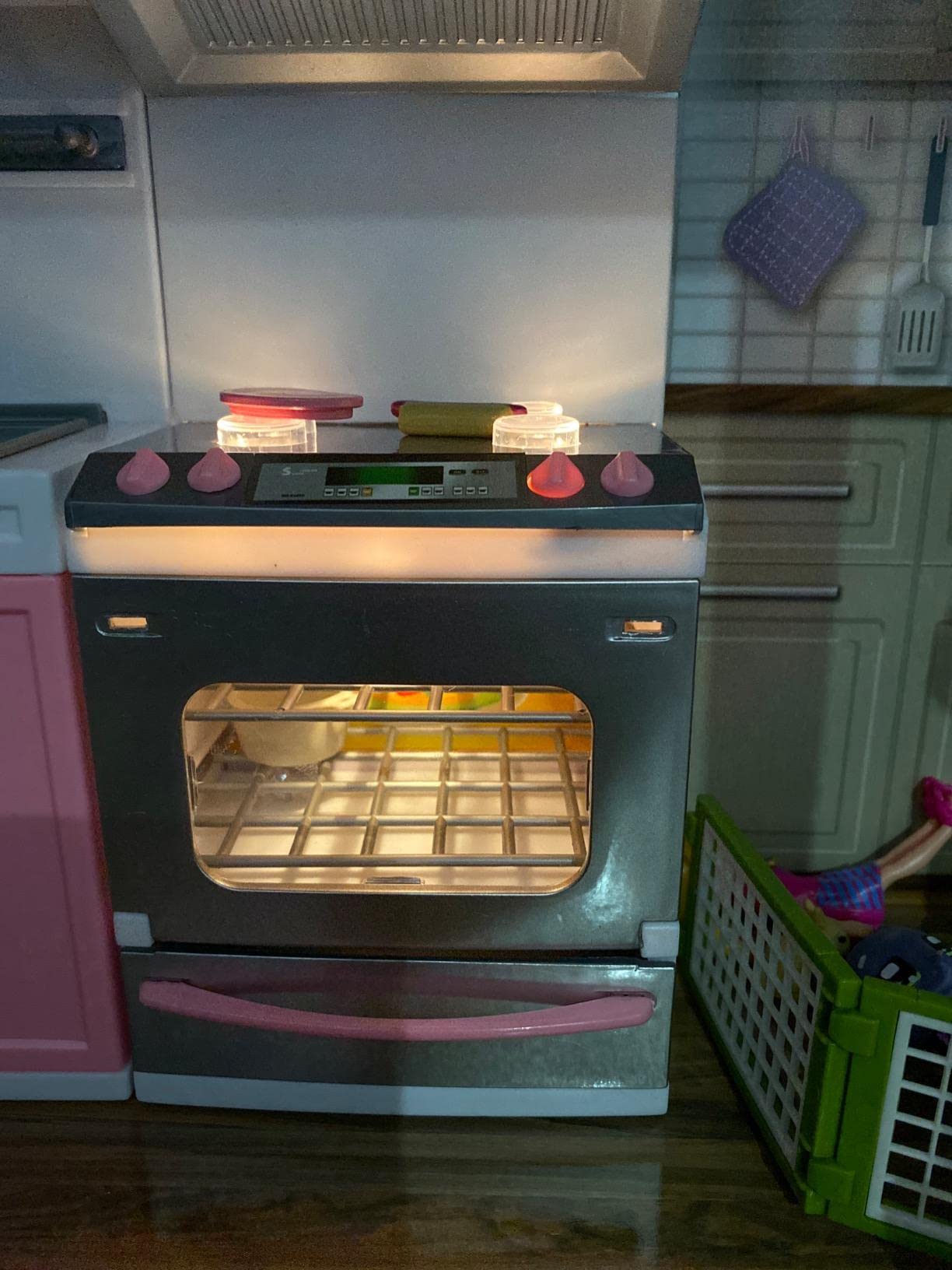 PowerTRC Doll Kitchen Play Set, Mini Modern Toy Pink Kitchen Pretend Play Furnitures Toy Set Accessories Set with Realistic Light & Sound for Kids