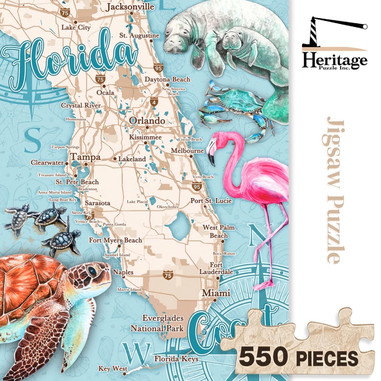 Heritage Puzzle - Florida Coast by Kira Talerico 550 Piece Puzzles for Adults & Family, Map & Wildlife Theme, Manatee & Flamingo Art - Frameable