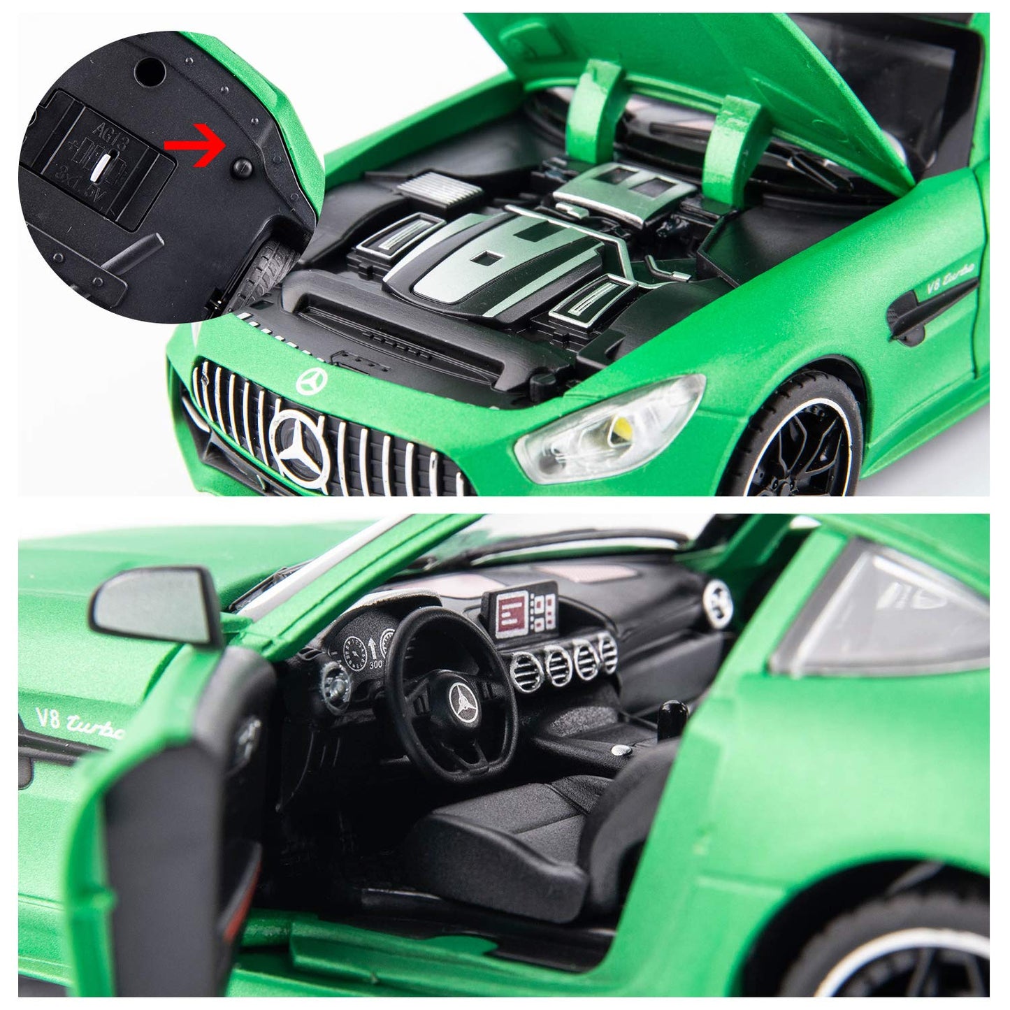BDTCTK 1/24 AMG GTR Toy Cars Model Car, Zinc Alloy Pull Back Toy car with Sound and Light for Kids Boy Girl Gift (Green)