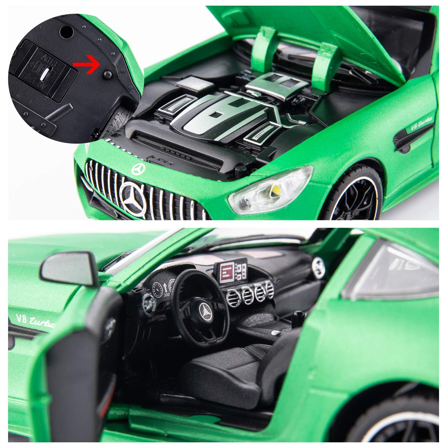 BDTCTK 1/24 AMG GTR Toy Cars Model Car, Zinc Alloy Pull Back Toy car with Sound and Light for Kids Boy Girl Gift (Green)