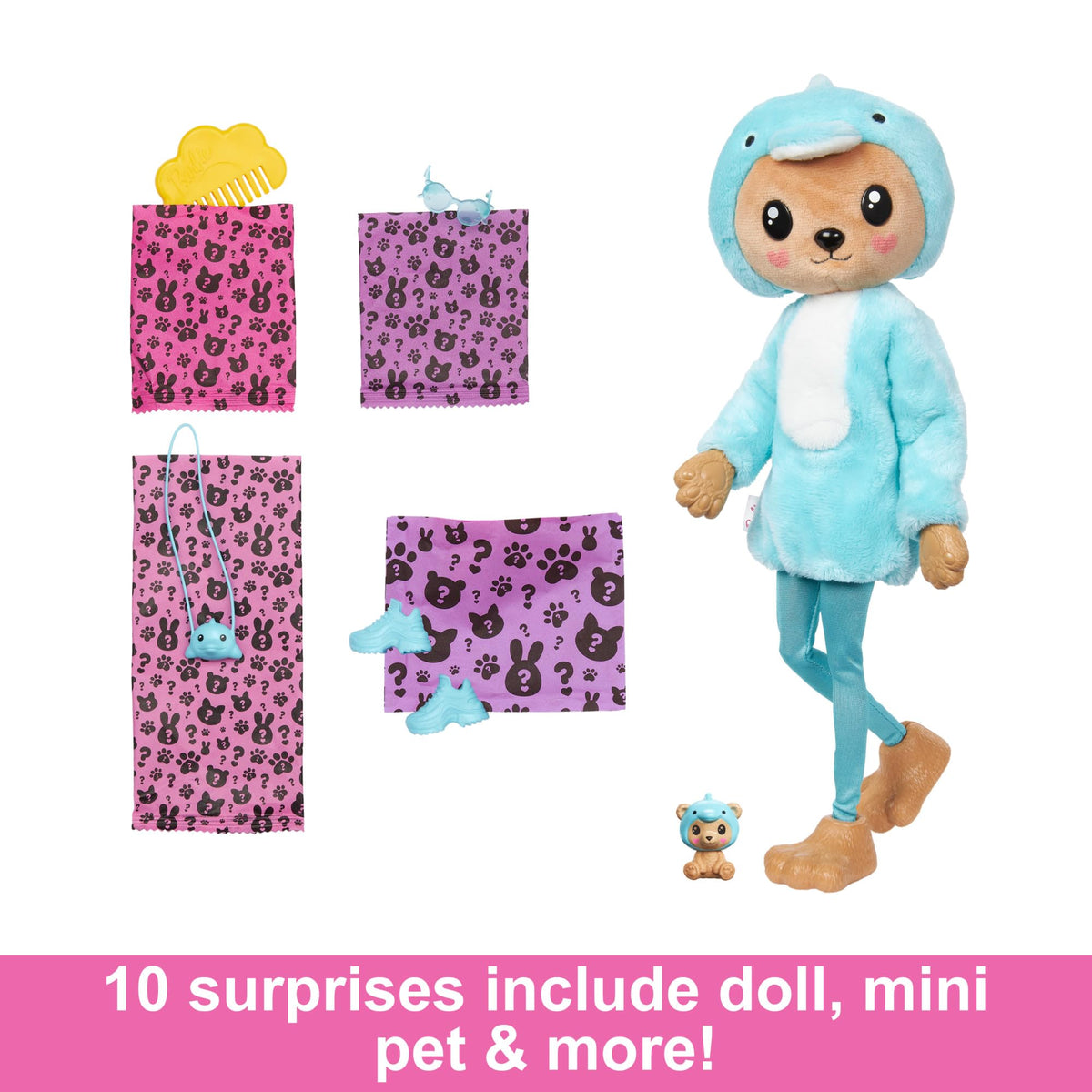 Barbie Cutie Reveal Doll & Accessories with Animal Costume & 10 Surprises Including Color Change, Teddy Bear as Dolphin in Costume-Themed Series