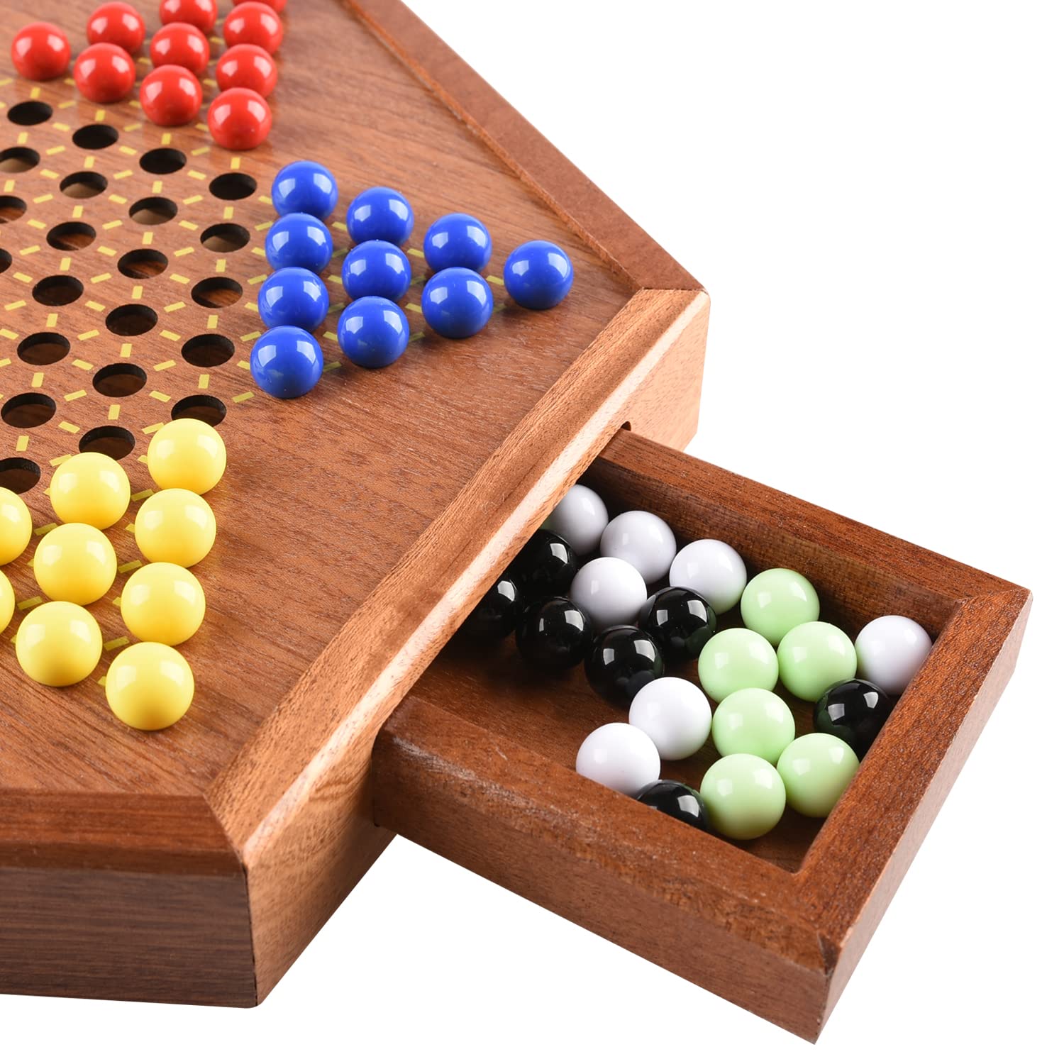 Wooden Chinese Checkers with Drawers 12 Bonus Spare Marbles| Natural Wooden Board Game| Includes 60 Colorful Acrylic Marbles | Family Board Game