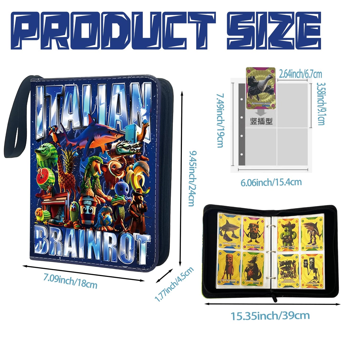 Italian Brainrot Trading Card Binder 4 Pocket 400 Pockets Zipper Card Binder Album for Brainrot Cards, Waterproof Card Storage Holder with Removable