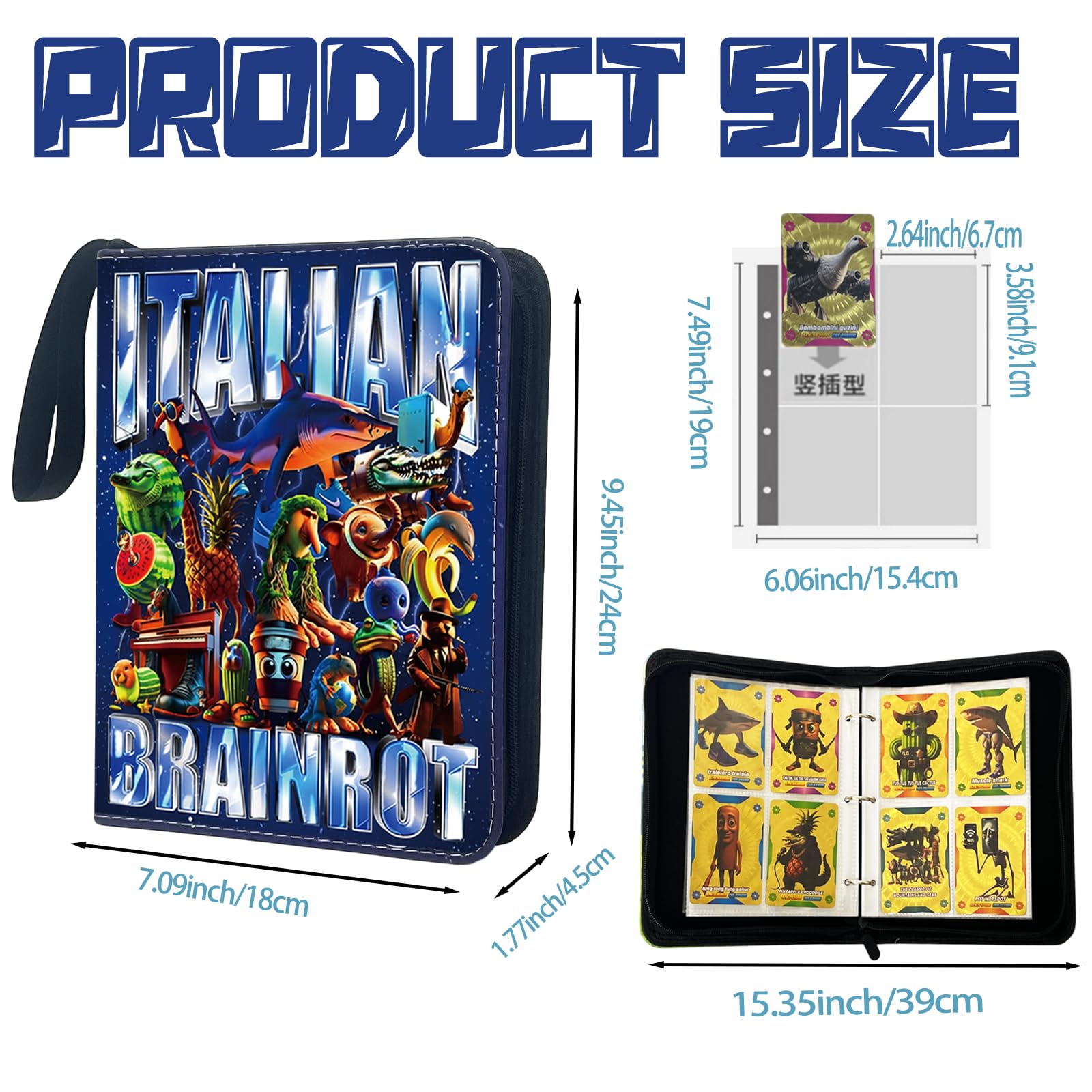 Italian Brainrot Trading Card Binder 4 Pocket 400 Pockets Zipper Card Binder Album for Brainrot Cards, Waterproof Card Storage Holder with Removable