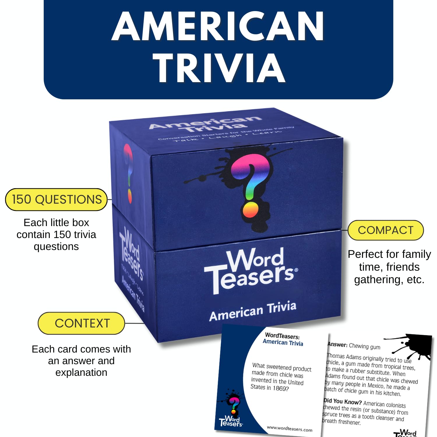? WORD TEASERS American Trivia - Trivia Game for Adults & Kids - Interesting & Fun Trivia Questions About the United States - 150 Trivia Cards