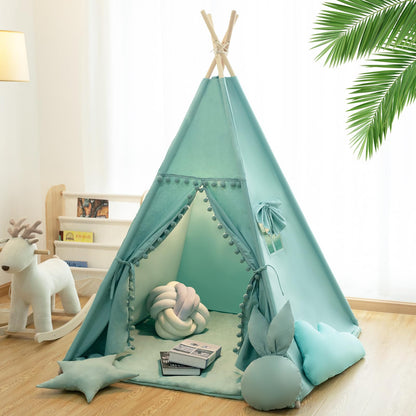 RONGFA Teepee Tent for Kids with Mat, Star Lights, Carry Case, Cotton Canvas Playhouse, Foldable Tents, Portable Children Play Tent Indoor Outdoor