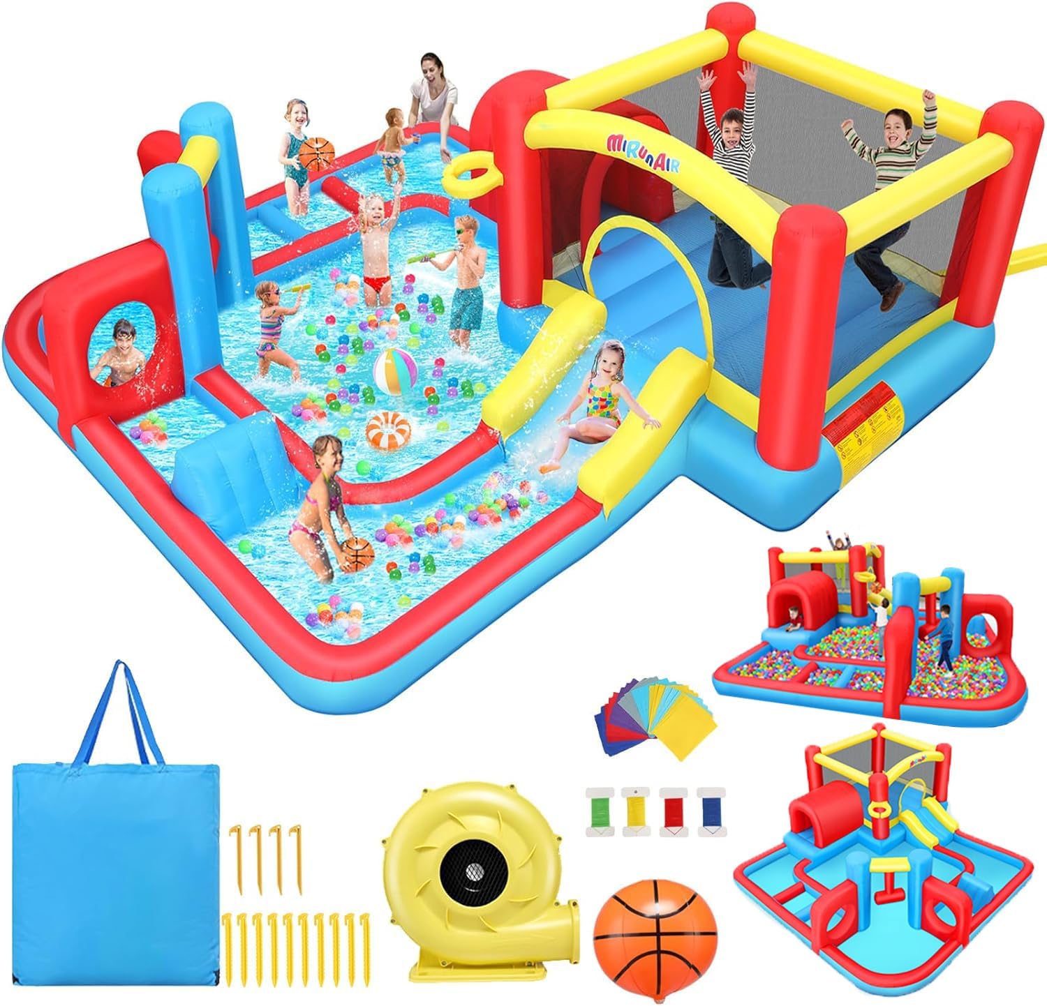 AKEYDIY Inflatable Water Slide Bounce House for Big Kids 3-12, Obstacle Course with Tunnel & Slide, Large Splash Pool, Water Cannon, Blow Up Water