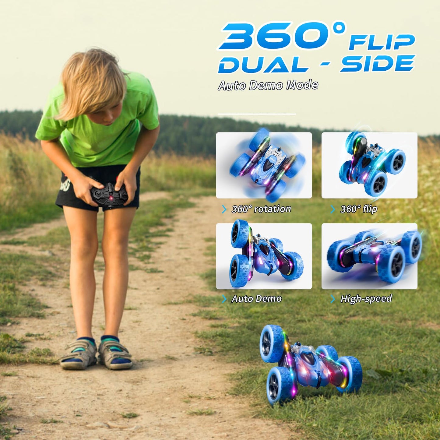 Zalneo Remote Control Stunt Car 4WD 360° Flip Double?Sided RC Cars, LED Light Bar, USB?C Modular Battery, 2.4 GHz Outdoor Beach Toy for Boys 6?12