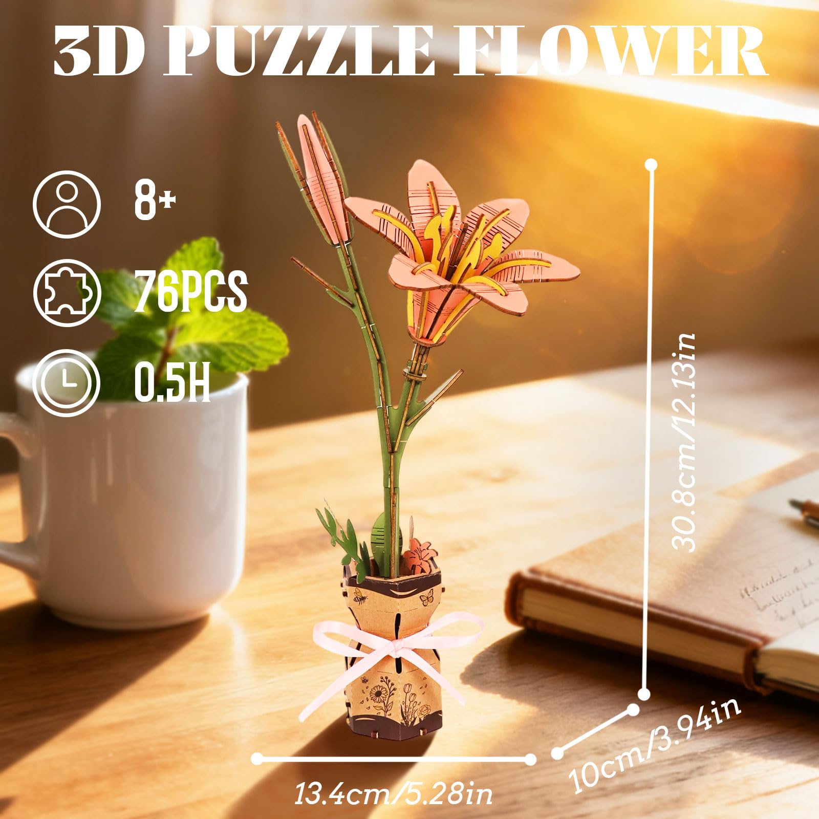 3D Flower Wooden Puzzles Kit, DIY Wooden Flowers Model Kit for Adults, Kids, Valentine's Day/Mother's Day/Birthday/Christmas Toy Gift Set (Pink Lily)