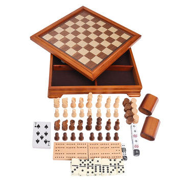 GSE Games & Sports Expert Wooden 7-in-1 Chess, Checkers, Backgammon, Dominoes, Cribbage Board, Playing Card & Poker Dice Game Combo Set (Deluxe)