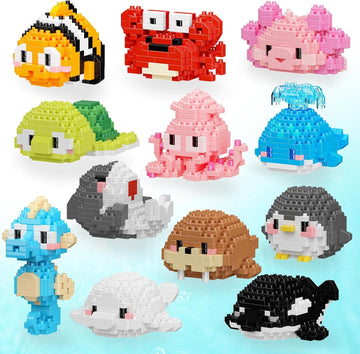 TENYEAH Party Favors, 12 Packs Mini Marine Animals Micro Building Blocks Set, Classroom Prizes, Small Toy Prizes, Goodie Bags, Birthday Festival