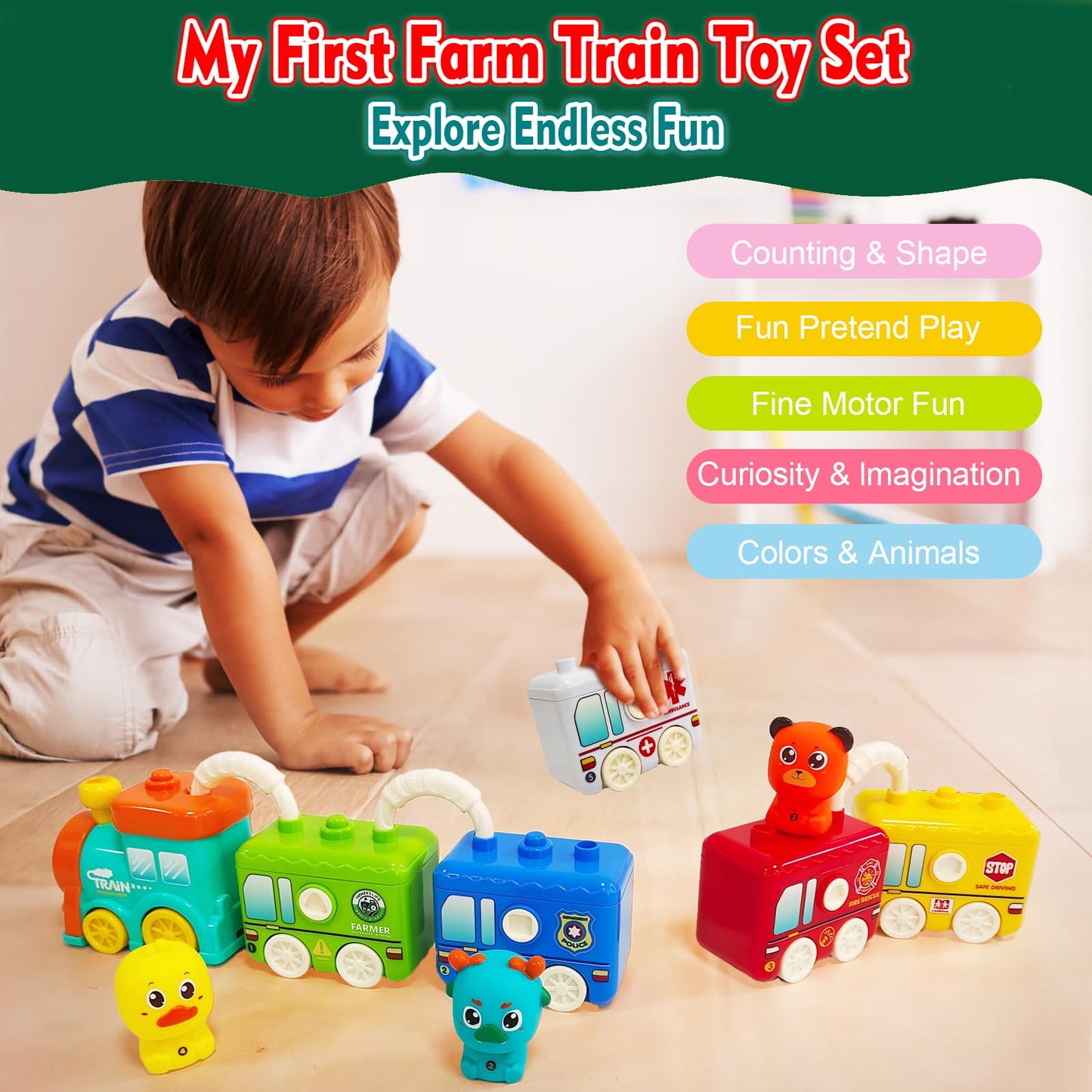 TAICORE Toddler Toy Strain Set, Learning Counting Matching Lock and Key Kids Toys, Includes 6 Themed Cars and Finger Animal, for 2-5 Year Old Boy Girl