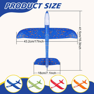 RAIHOMKIT 4Pack LED Light Foam Airplane, 17in Large Throwing Foam Plane, 2 Flight Mode Glider Flying Toy for 3 4 5 6 7 8 9 Year Olds, Throwing