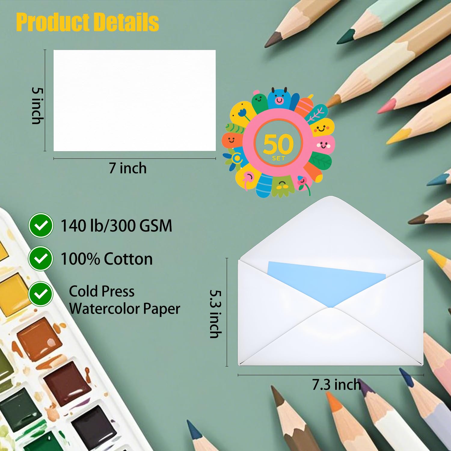 50 Sets Pure Watercolor Cards with Envelopes, 140lb/300GSM Cotton Watercolor Paper Cards,Used for Art and Painting Creative Thank-You Letters, 5x7