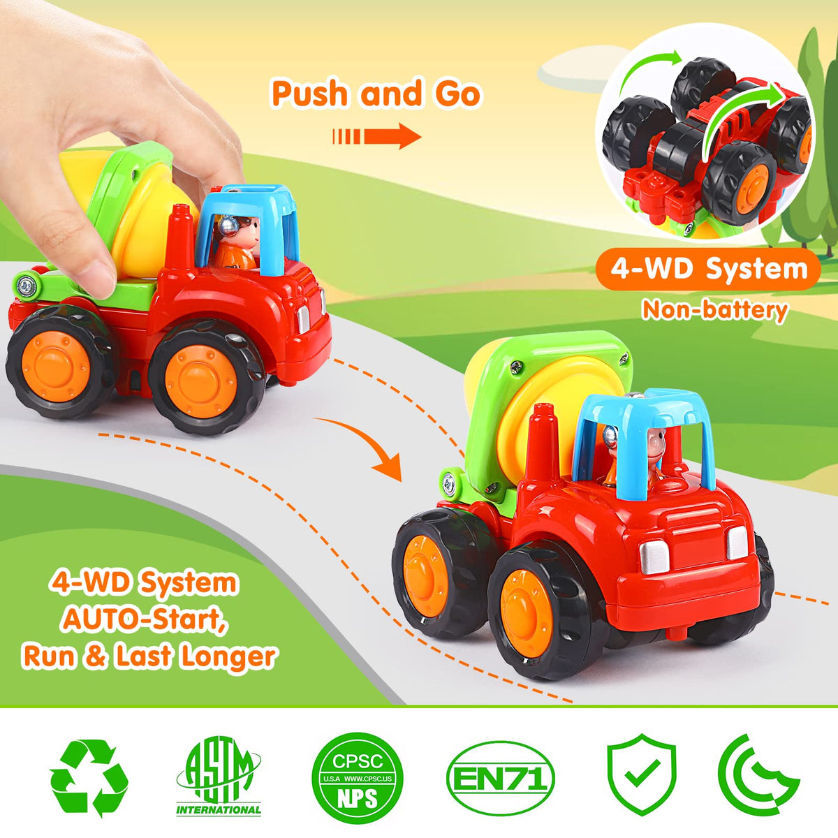 ORWINE Inertia Toy Early Educational Toddler Baby Toy Friction Powered Cars Push and Go Cars Tractor Bulldozer Dumper Cement Mixer Engineering
