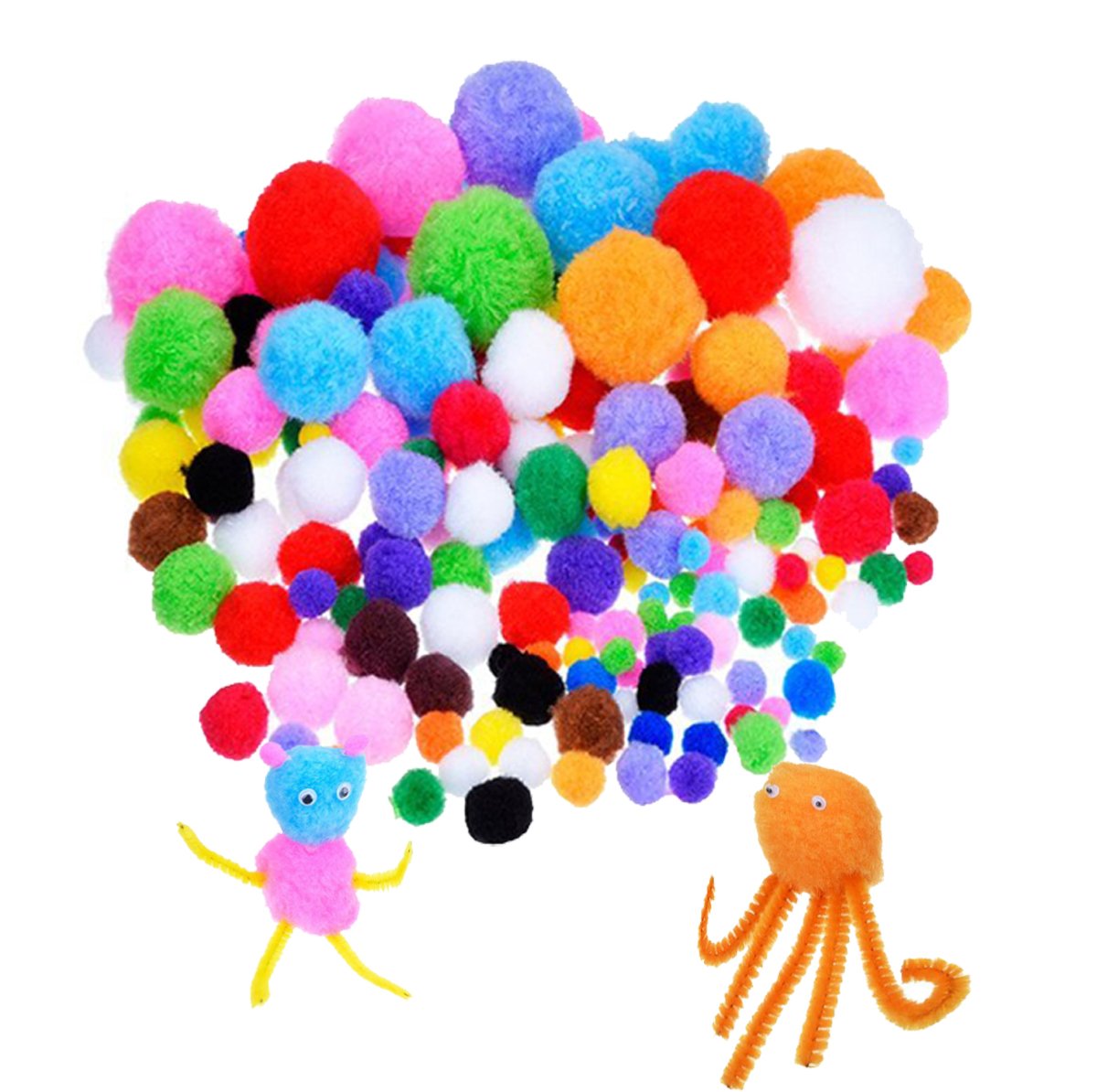 Wartoon Pipe Cleaners Crafts Set, Pipe Cleaners Chenille Stem and Pompoms with Googly Wiggle Eyes and Craft Rods Assorted Colors Non-Woven Felt Fabric