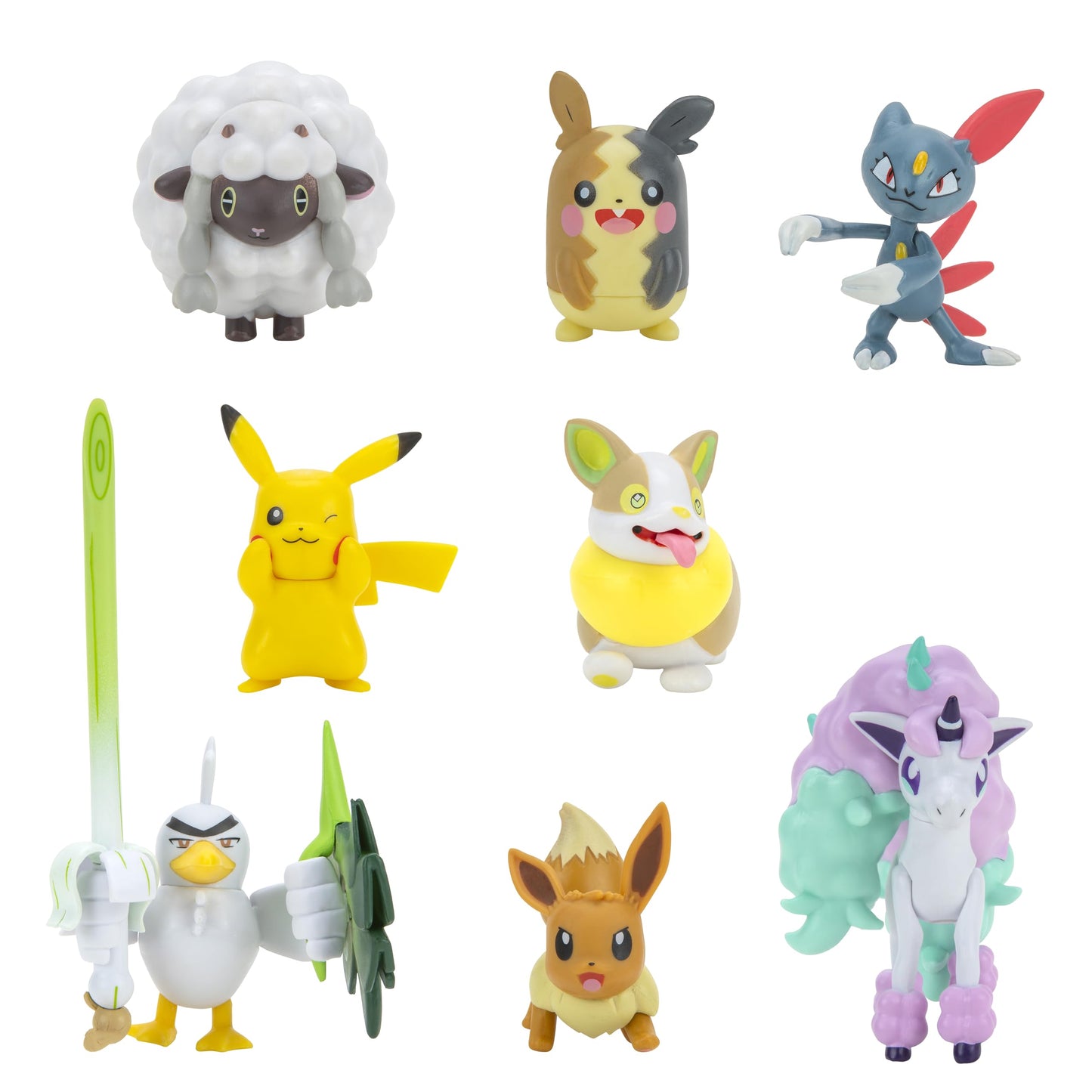 Pokemon Figure Battle Ready! 8-Pack Toy Set - Sword and Shield - 4.5" Ponyta & 2" Pikachu, Eevee, Wooloo, Sneasel, Yamper, Sirfetch'd, Morpeko - Gift