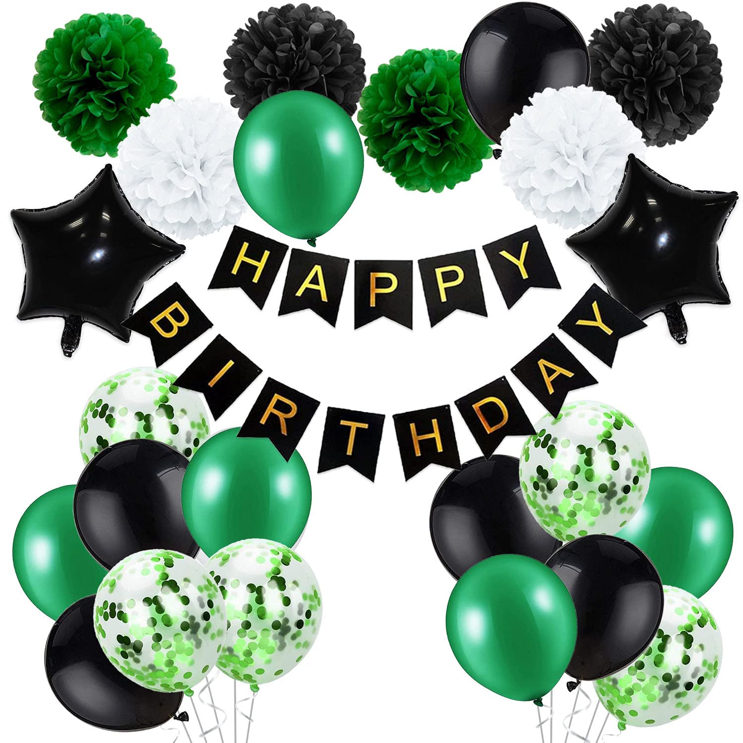 Rabbmall Birthday Decorations for Men Green and Black Party Decor Supplies Including Happy Birthday Banner Confetti Latex Balloon Foil Balloon