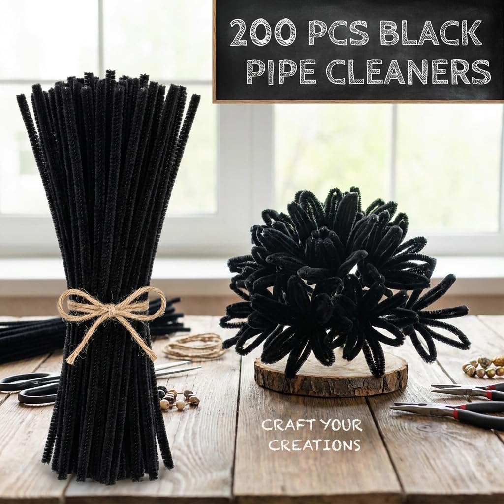 Black Pipe Cleaners 200 Pieces Chenille Stems for DIY Art Decorations Creative Craft (6 mm x 12 Inch)