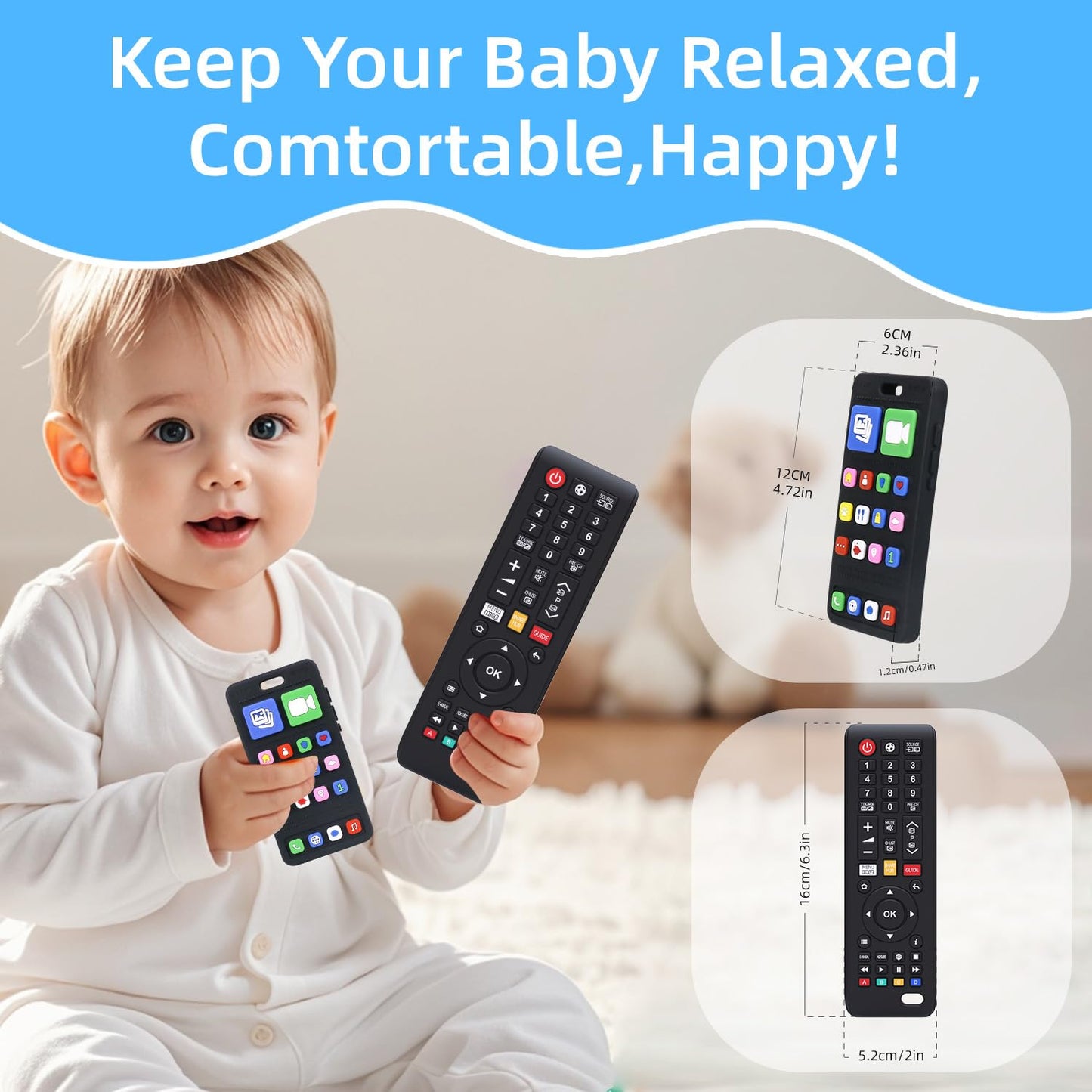SLUQQHDU Baby Silicone Teething Toys for Babies 0-6 Months,Phone and Remote Teether Toys for Toddlers 6-12 Months,2 Pack Teether Toys Sensory Toys