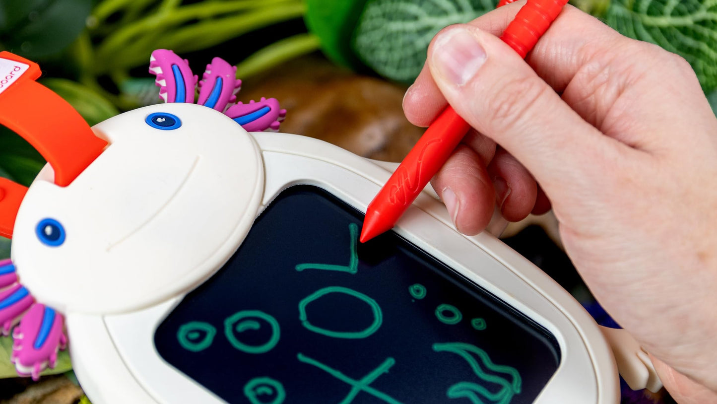 Boogie Board Sketch Pals Axolotl 4” LCD Writing Tablet for Kids - Reusable Mess-Free Drawing Pad with Tethered Stylus - Clip-On Travel Doodle Board